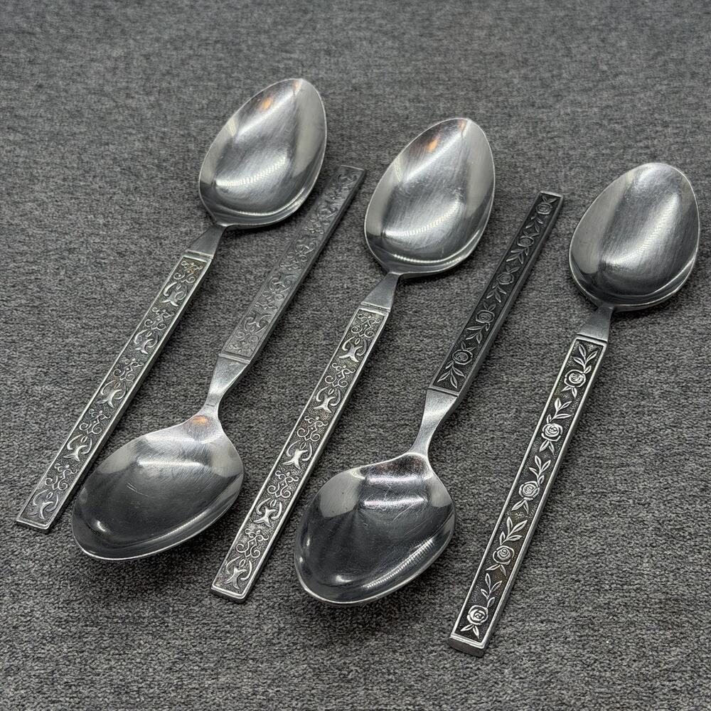 5pc Vintage Imperial IIC Japan Floral Flatware Stainless Steel Silverware Spoons